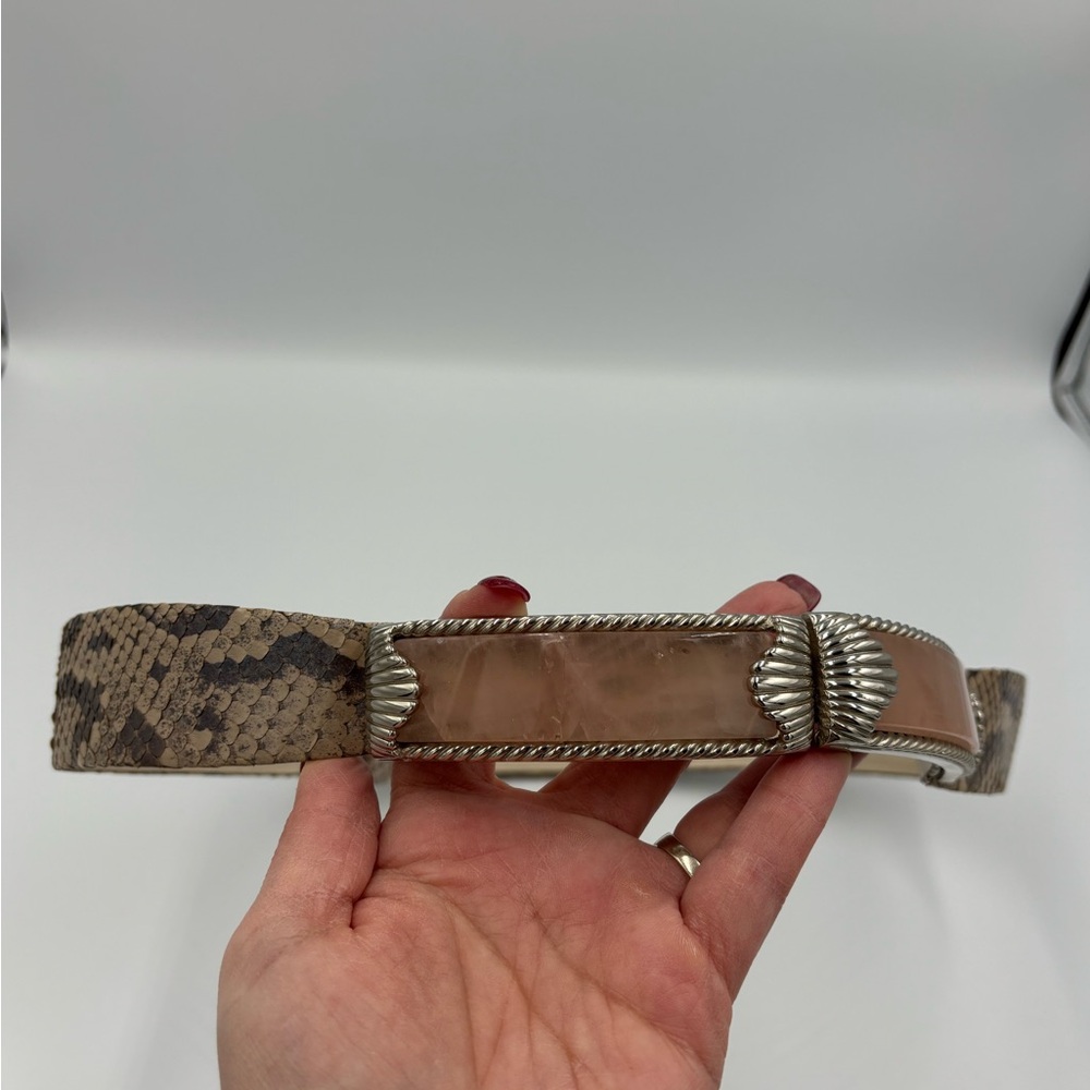 Judith Leiber Silver and Snakeskin belt with pink enamel